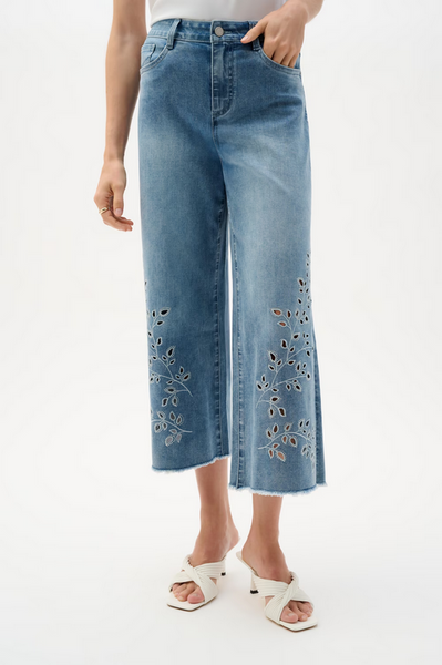 Women's Joseph Ribkoff | Embroidered Floral Cropped Trousers Style | Light Blue Denim