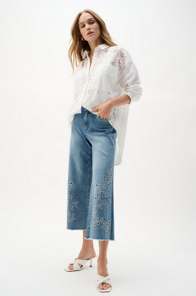 Women's Joseph Ribkoff | Embroidered Floral Cropped Trousers Style | Light Blue Denim