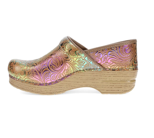 A single clog-style platform shoe with an iridescent metallic finish, featuring a gold, pink, and green holographic pattern on the upper, a tan woven-look platform sole, and a brown strap closure, shown against a plain white background.