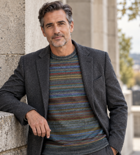 A man wearing a dark gray textured blazer over a multicolored striped knit sweater, leaning against a stone pillar in an outdoor setting.
