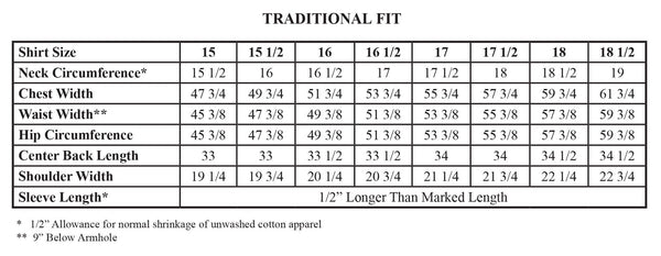Men's Forsyth Traditional Fit Chart