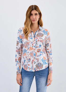 Women's French Dressing | Classic Long Sleeve Shirt | Ivory Neutral Damask