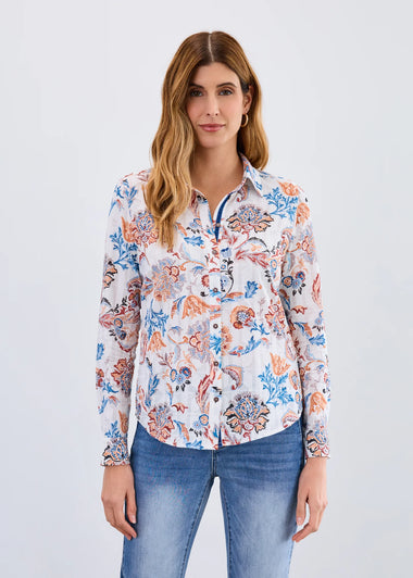 Women's French Dressing | Classic Long Sleeve Shirt | Ivory Neutral Damask