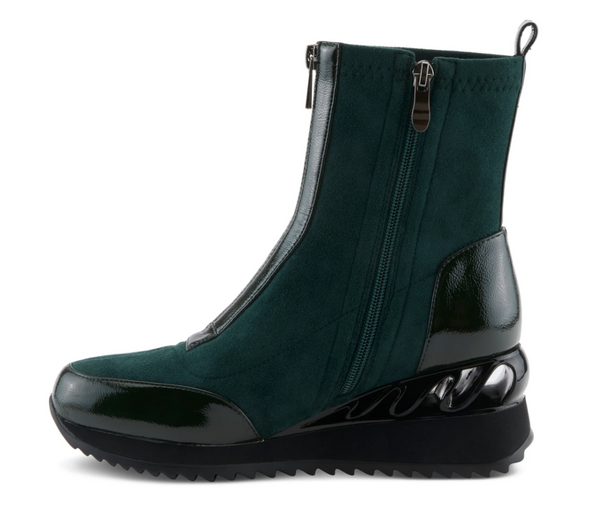 A dark green ankle boot with a black sole, featuring a side zipper, a glossy patent leather toe cap, and a sculpted black heel, shown against a plain white background.