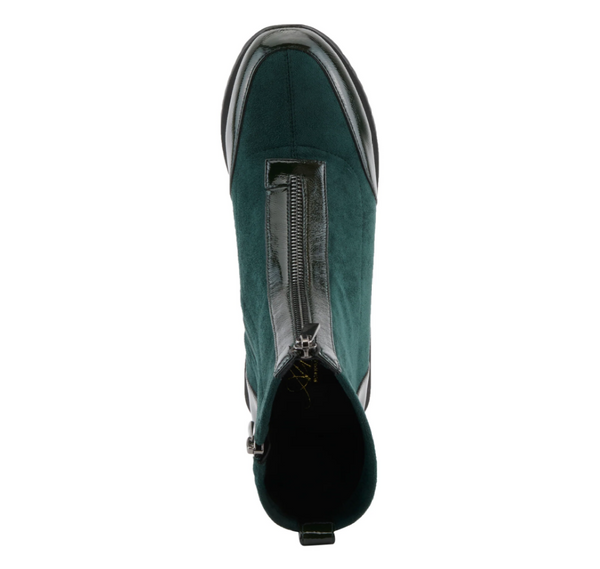A dark green ankle boot with a black sole, featuring a side zipper, a glossy patent leather toe cap, and a sculpted black heel, shown against a plain white background.