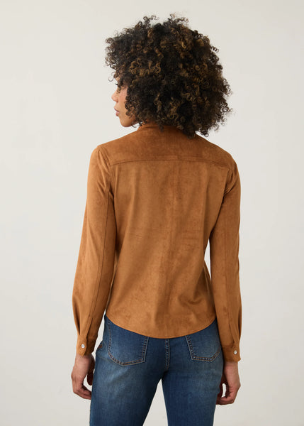 Women's French Dressing | Long Sleeve Suede Button-down Top | Dark Caramel