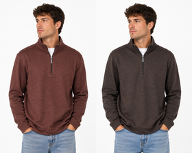 Two men modeling quarter-zip pullover sweaters side by side against a plain white background. The man on the left wears a heathered brownish-red pullover, and the man on the right wears a heathered dark charcoal gray pullover.