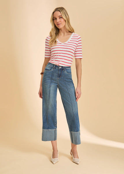Women's French Dressing | Elbow Sleeve Fringed Neck Top | Red/White