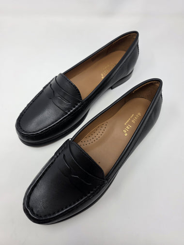 A pair of black leather penny loafers with tan insoles, displayed on a clean white background.