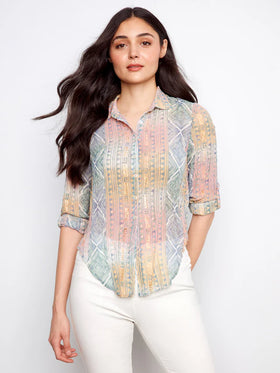 Women's Charlie B | Foiled Printed Crinkle Shirt | Marigold