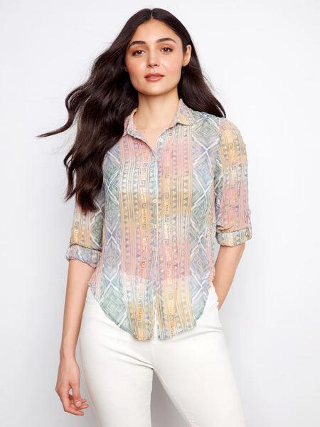 Women's Charlie B | Foiled Printed Crinkle Shirt | Marigold