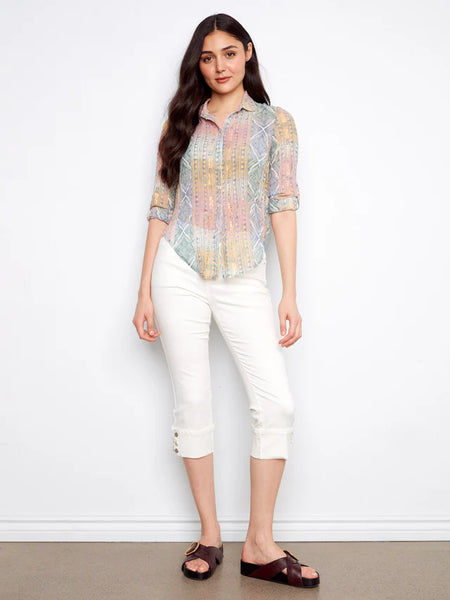 Women's Charlie B | Foiled Printed Crinkle Shirt | Marigold
