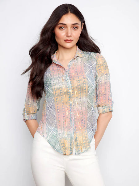 Women's Charlie B | Foiled Printed Crinkle Shirt | Marigold