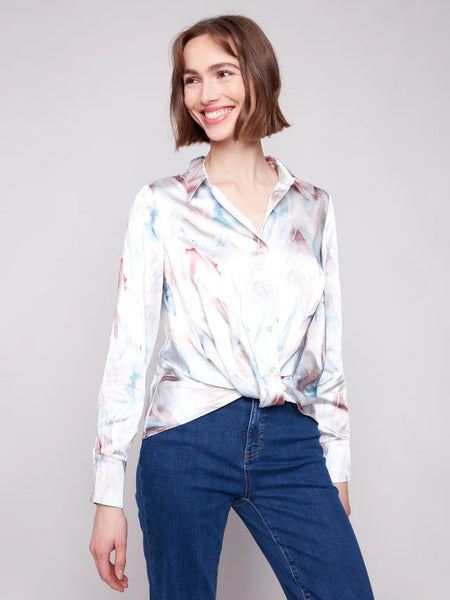 Women's Charlie B | Printed Satin Button-Down Shirt With Twisted Front | Chevron