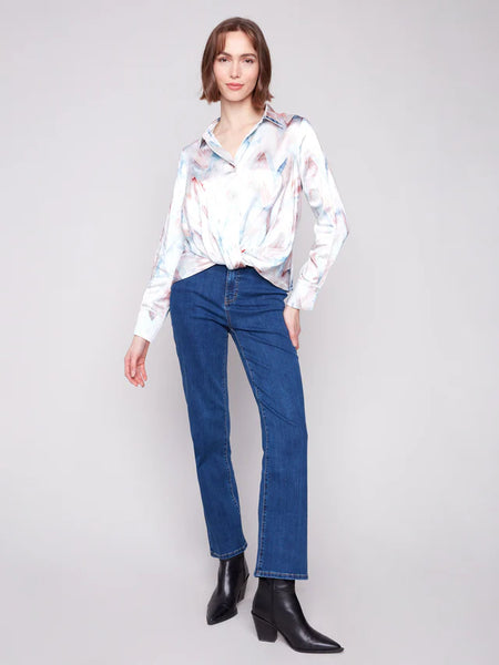 Women's Charlie B | Printed Satin Button-Down Shirt With Twisted Front | Chevron