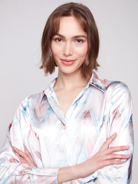 Women's Charlie B | Printed Satin Button-Down Shirt With Twisted Front | Chevron