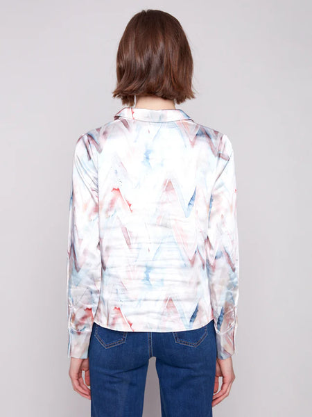 Women's Charlie B | Printed Satin Button-Down Shirt With Twisted Front | Chevron