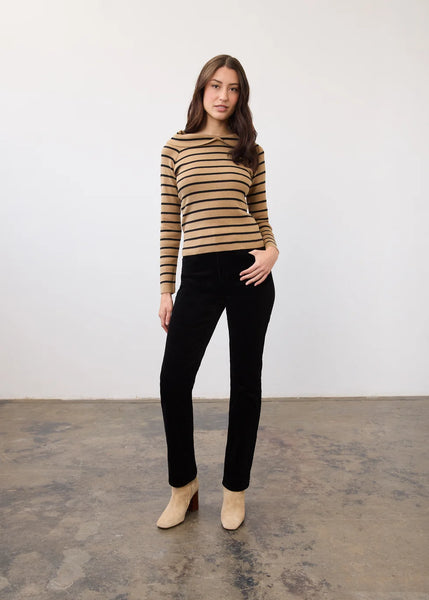 Women's French Dressing | Long Sleeve Off the Shoulder Sweater | Caramel & Black Stripes
