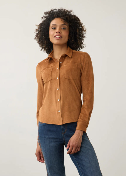 Women's French Dressing | Long Sleeve Suede Button-down Top | Dark Caramel