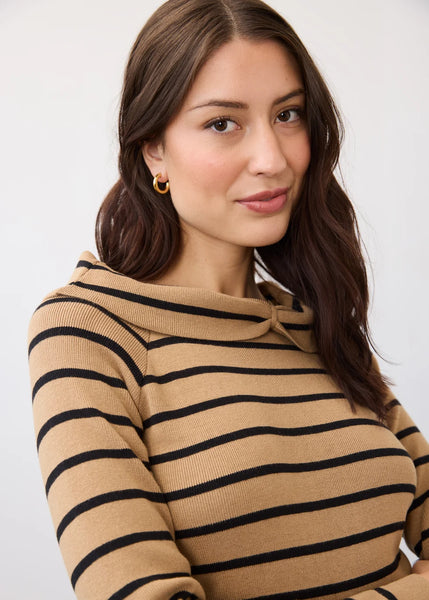 Women's French Dressing | Long Sleeve Off the Shoulder Sweater | Caramel & Black Stripes