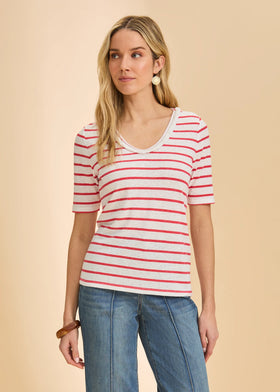 Women's French Dressing | Elbow Sleeve Fringed Neck Top | Red/White