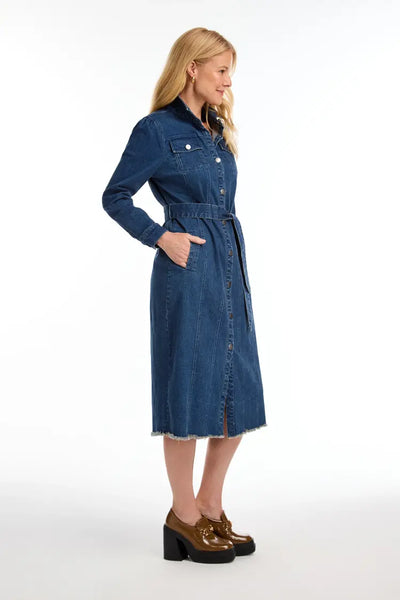 Women's French Dressing | Midi Denim Dress with Belt | Medium Blue Wash