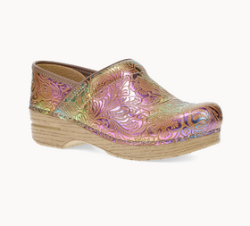 A single women's clog shoe with an iridescent metallic upper featuring embossed floral patterns in pink, gold, and green tones, paired with a natural wood-look stacked platform sole, shown against a plain white background.