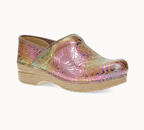 A single women's clog shoe with an iridescent metallic upper featuring embossed floral patterns in pink, gold, and green tones, paired with a natural wood-look stacked platform sole, shown against a plain white background.