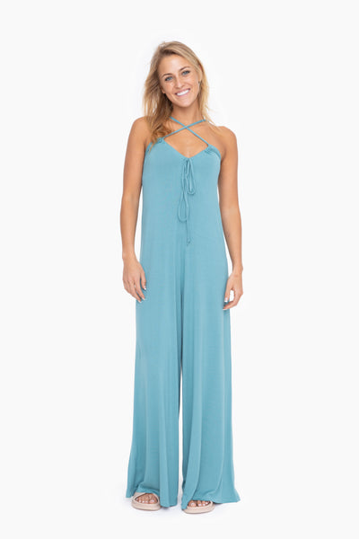 Women's Mono B | Cross Front Wide Leg Jumpsuit | Grey Teal