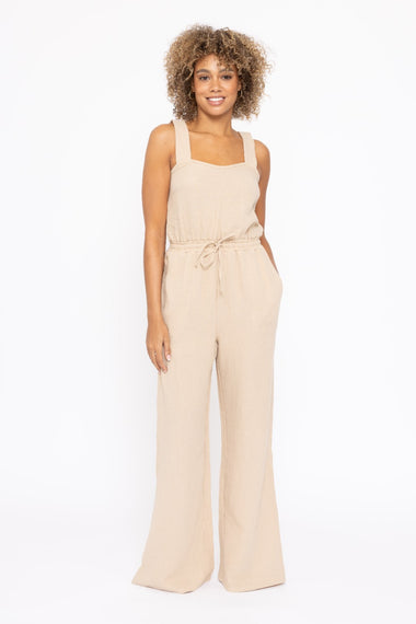 Women's Mono B | Cotton Gauze Wide Leg Jumpsuit | Taupe