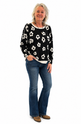 Women's Tribal Jeans | Floral Crew Neck Sweater | Black