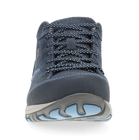 Blue hiking shoe with gray sole on a white background