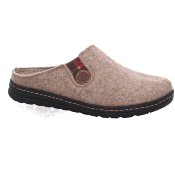 A single beige felt clog slipper with a black sole and a small red, green, and brown decorative strap detail on the side, shown against a plain white background.