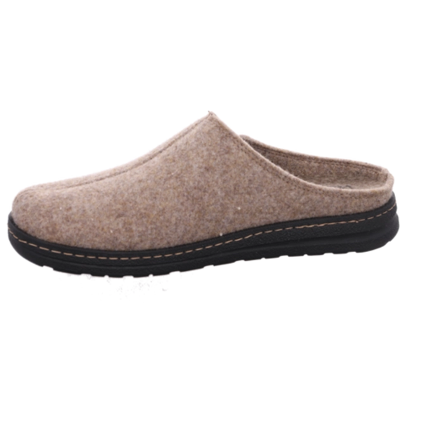 A single slip-on felt clog shoe in a warm taupe-brown color, featuring a black sole with light tan contrast stitching, shown against a plain white background.