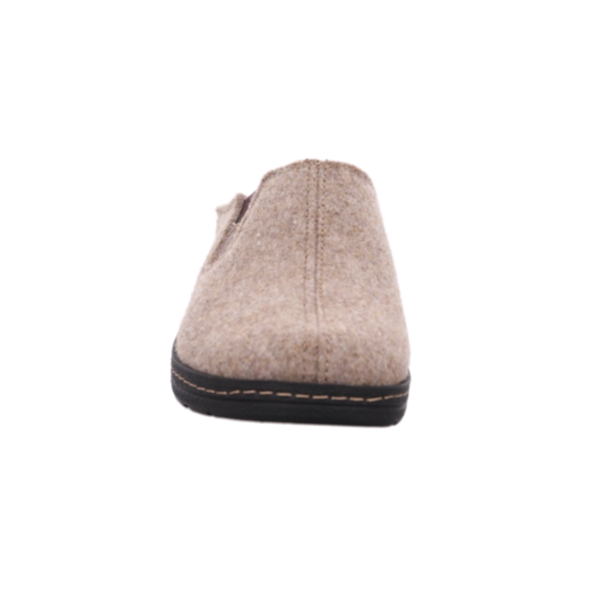A single slip-on clog shoe made of textured beige felt, shown from a rear three-quarter view against a plain white background.