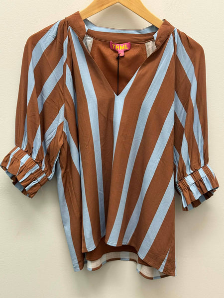 Women's THML | Short Sleeve V-Neck Top | Brown/Blue