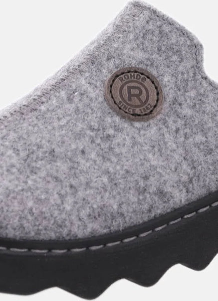 Close-up of a gray felt slip-on shoe with a circular brown ROHOO logo patch and a black sole.