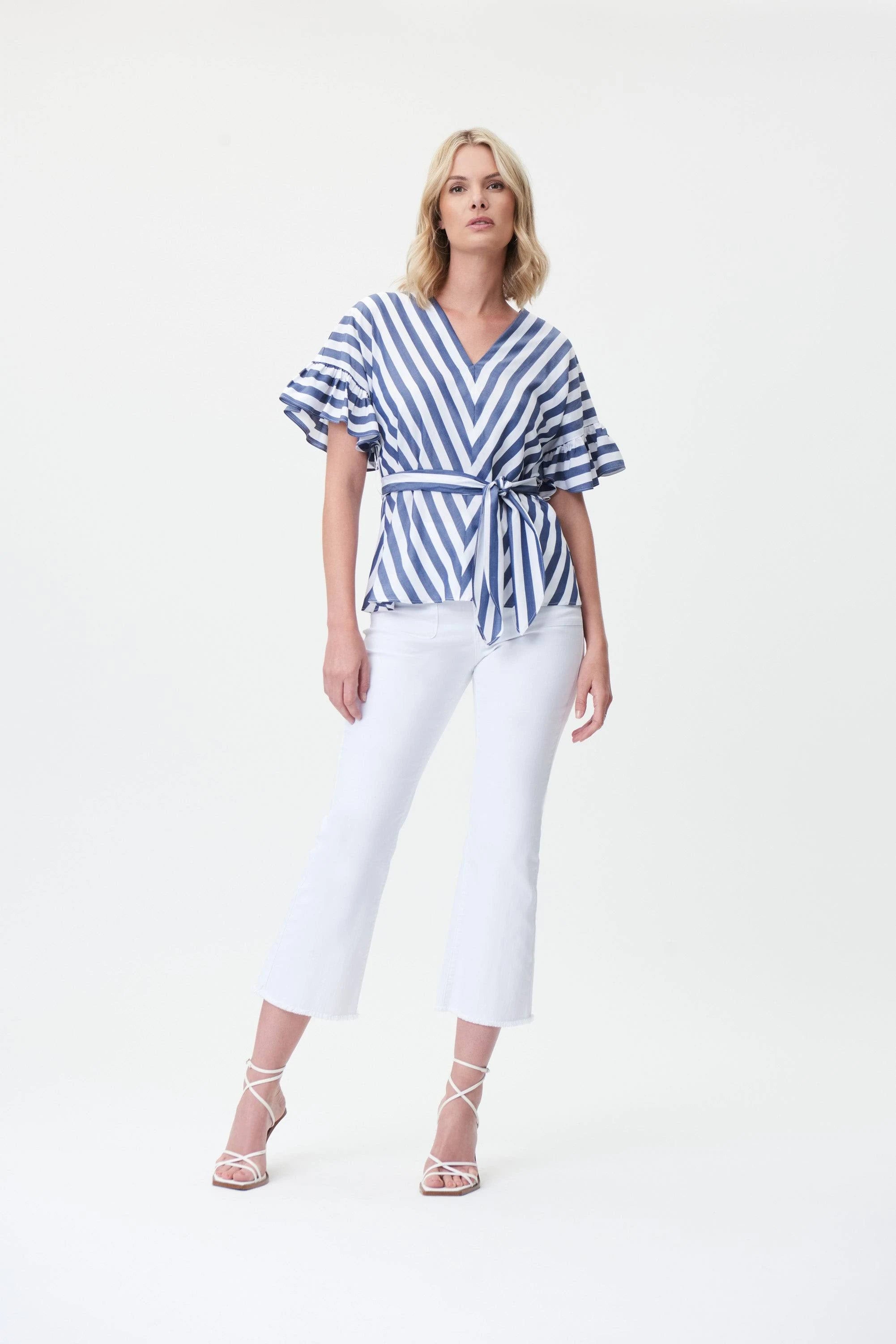 Women s Joseph Ribkoff Striped Belted Top Blue and White