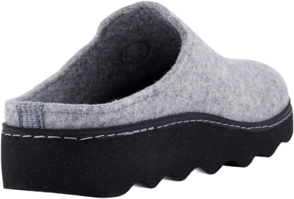 A light gray felt slip-on clog shoe with a thick black textured sole, shown from a three-quarters angle on a white background.