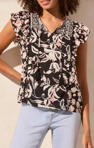 Women's Tribal Jeans | Flutter Sleeve with Tassel Blouse | Coco Milk