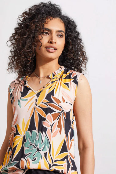 Women's Tribal | Ruffle Neck Sleeveless Floral Blouse | Apricot Tan