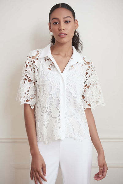 Women's Joseph Ribkoff | Crochet Blouse with Flutter Sleeves | Vanilla