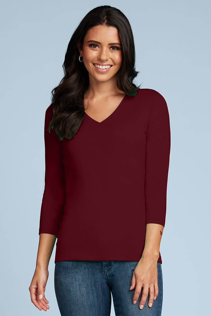 Women's Judy P V-Neck 3/4 Sleeve Top Burgundy - Main Image