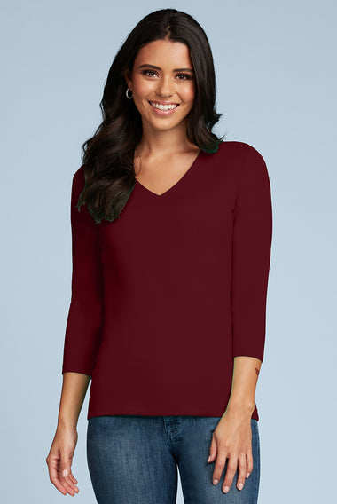 Women's Judy P | V-Neck 3/4 Sleeve Top | Burgundy