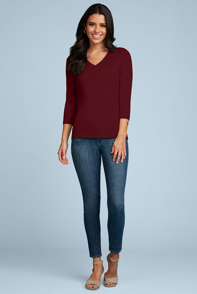 Women's Judy P | V-Neck 3/4 Sleeve Top | Burgundy
