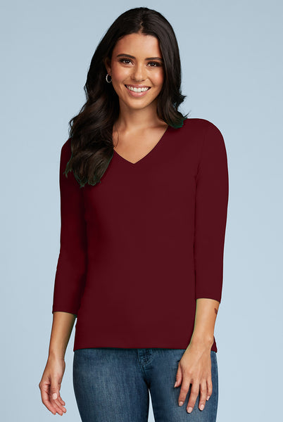 Women's Judy P | V-Neck 3/4 Sleeve Top | Burgundy