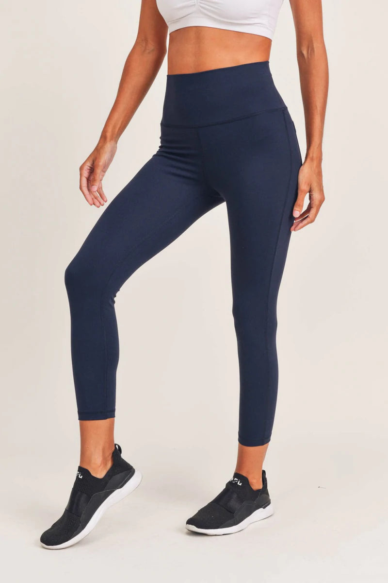 Women's Mono B | Tapered Band Solid Leggings with Back Pockets | Navy