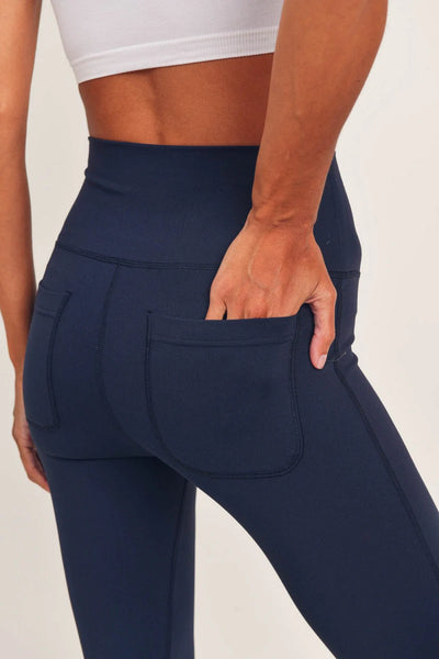 Women's Mono B | Tapered Band Solid Leggings with Back Pockets | Navy