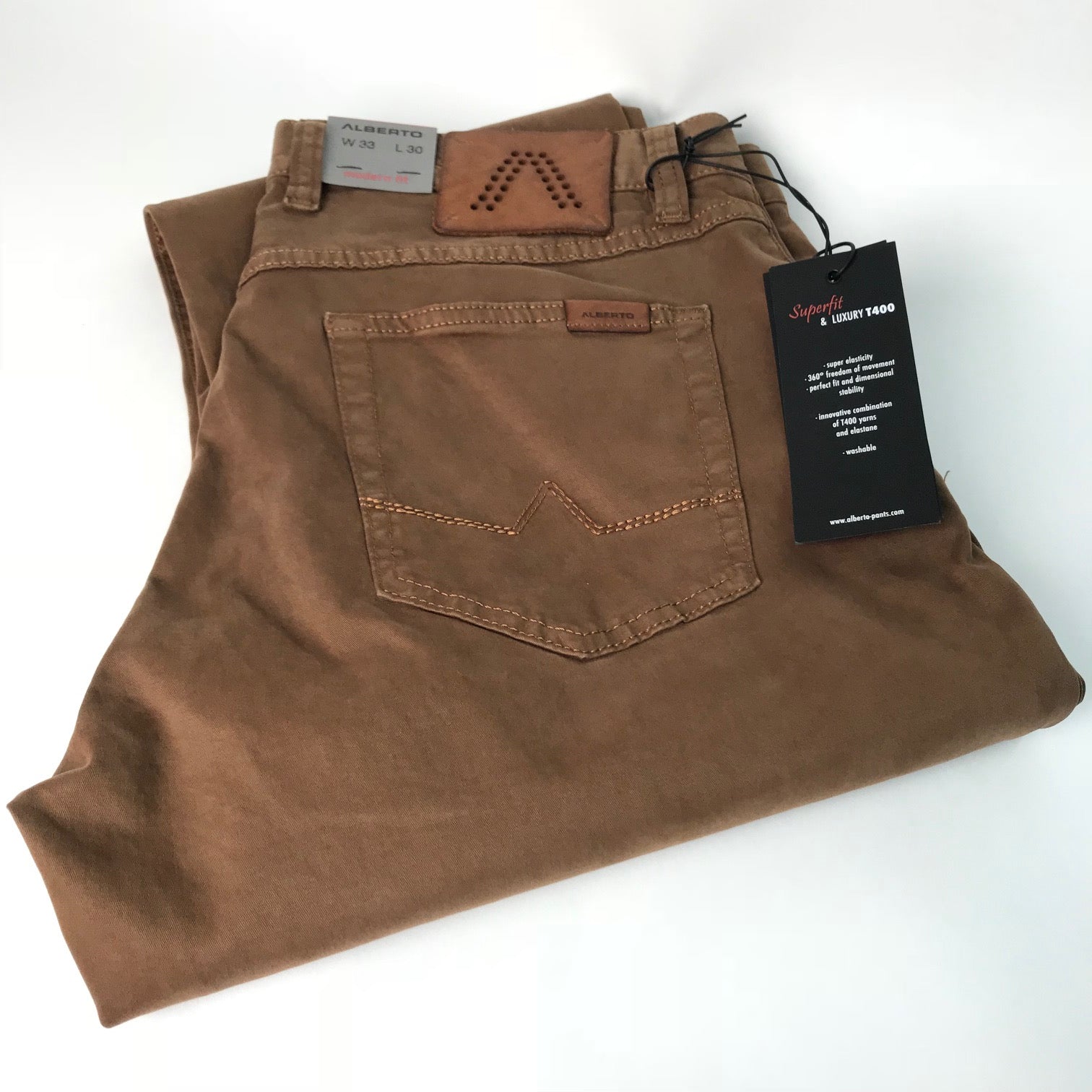 Men's Alberto 1404 Stone Modern Fit Jean | Luxury T400 | Camel F.L. CROOKS.COM