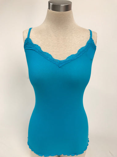 Women's Sugar Lips | Lightweight V-neck Stretch Ribbed Camisole with Lace | Turquoise